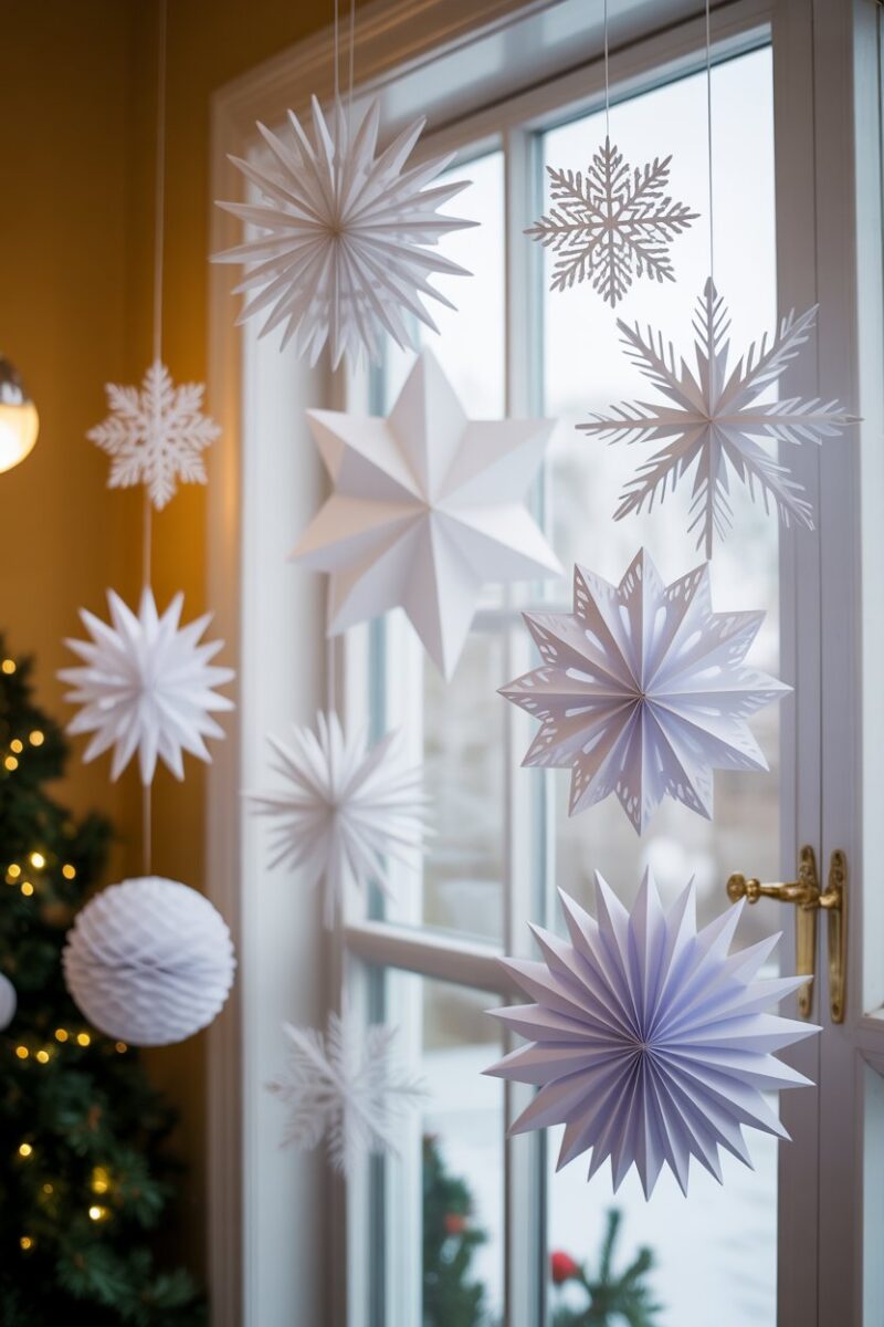 Unique paper snowflakes near the windows.