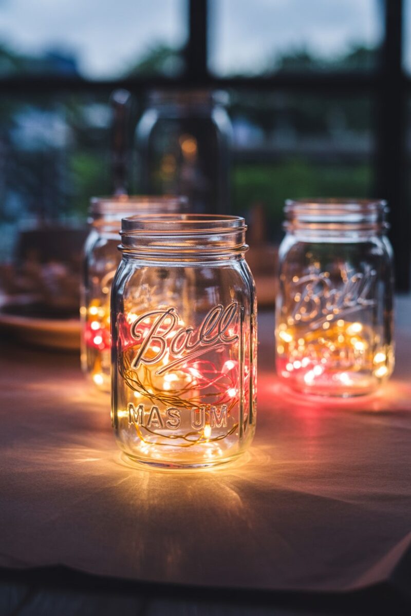 Mason jars filled with colorful string lights on a table.
