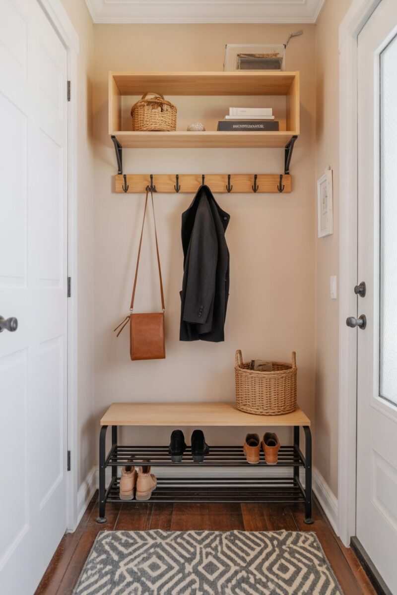 Organized entryway with shoe rack and coat hooks.