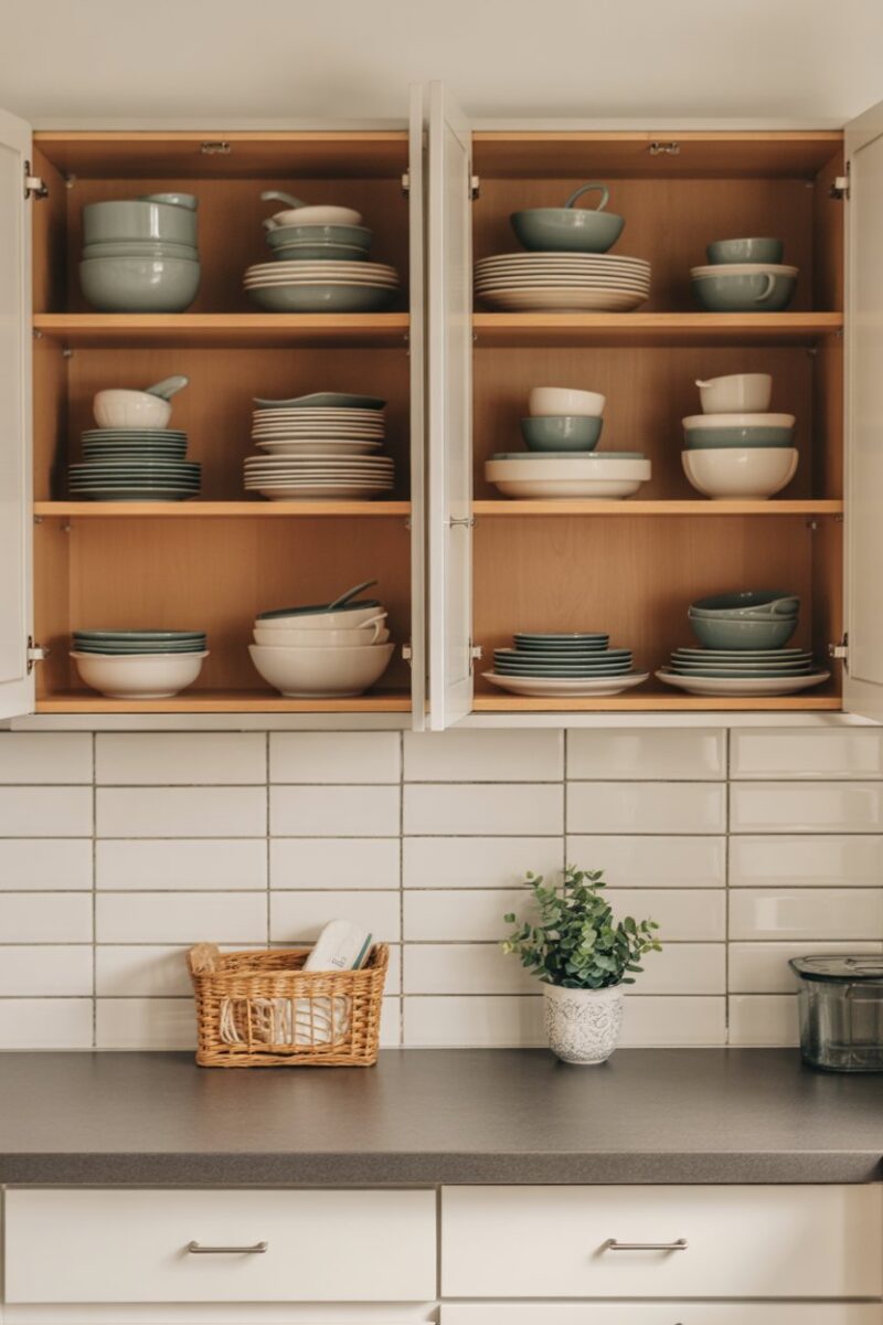 Organized kitchen cabinets with various dishes and bowls neatly arranged.