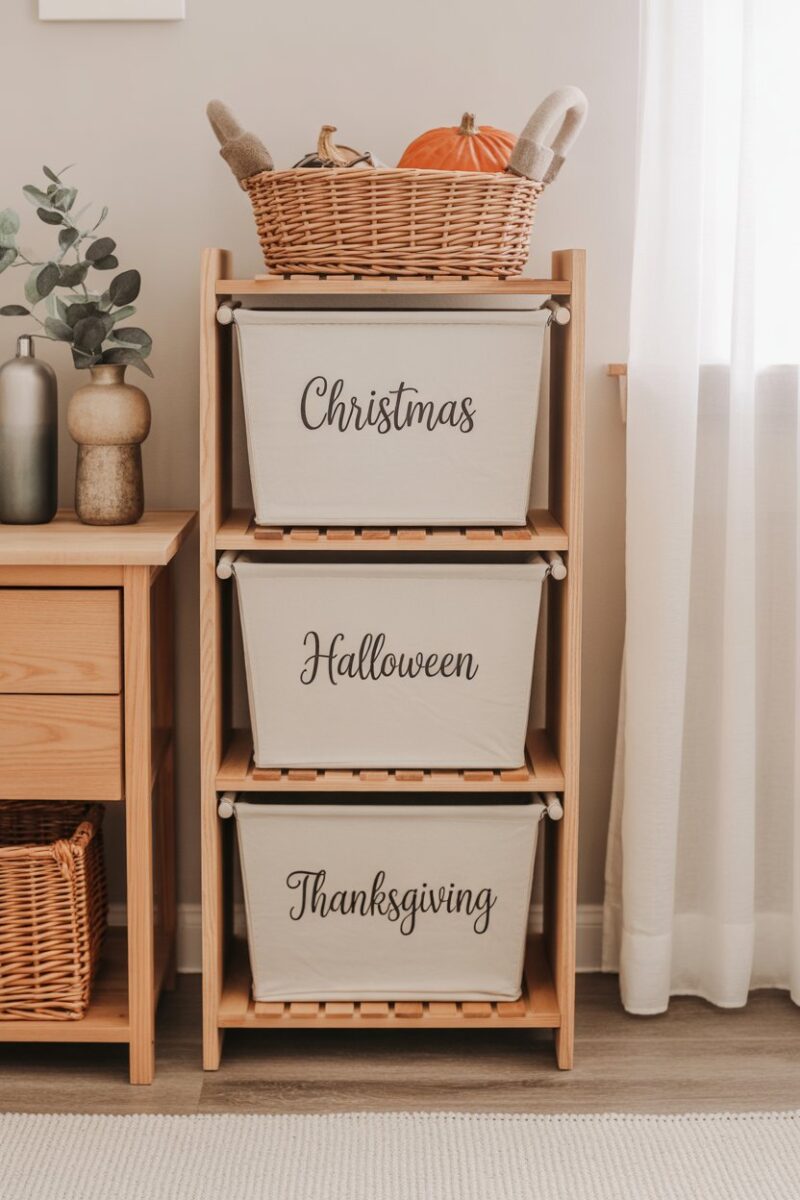 Organized seasonal decoration storage with labeled bins for Christmas, Halloween, and Thanksgiving.