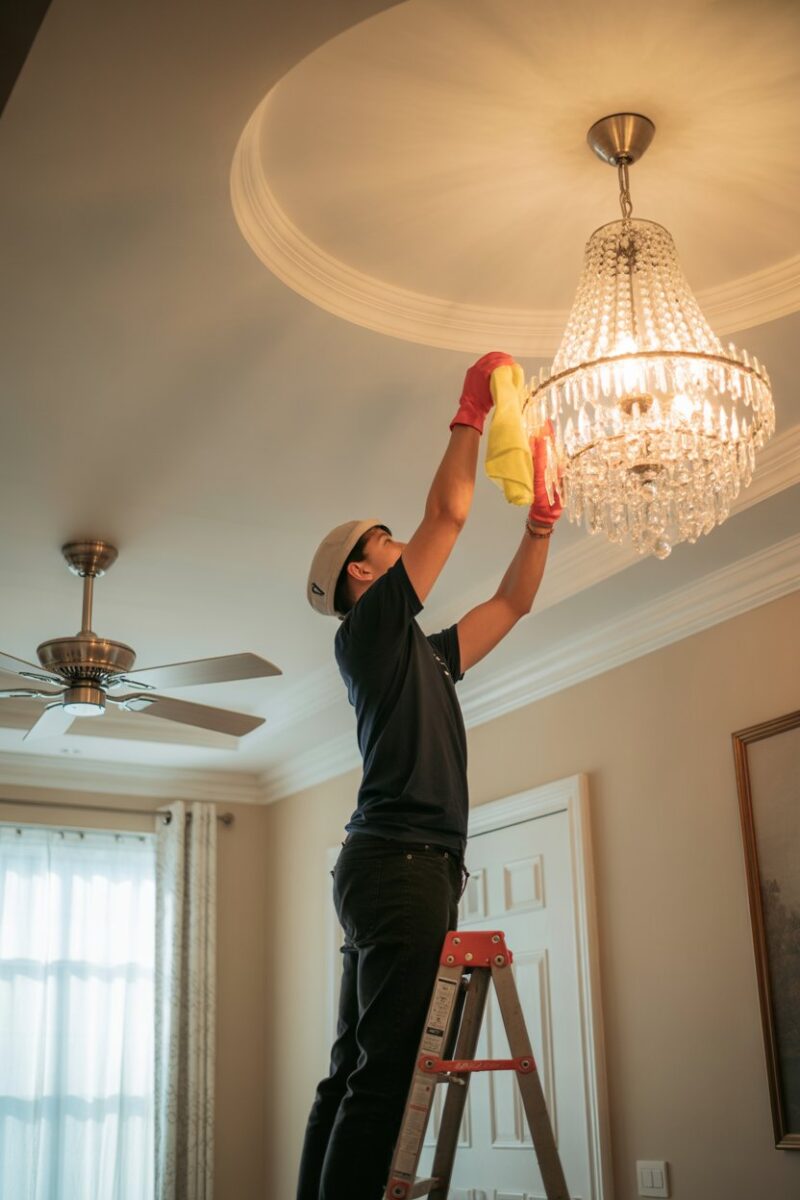 Person cleaning a chandelier and ceiling fan on a ladder