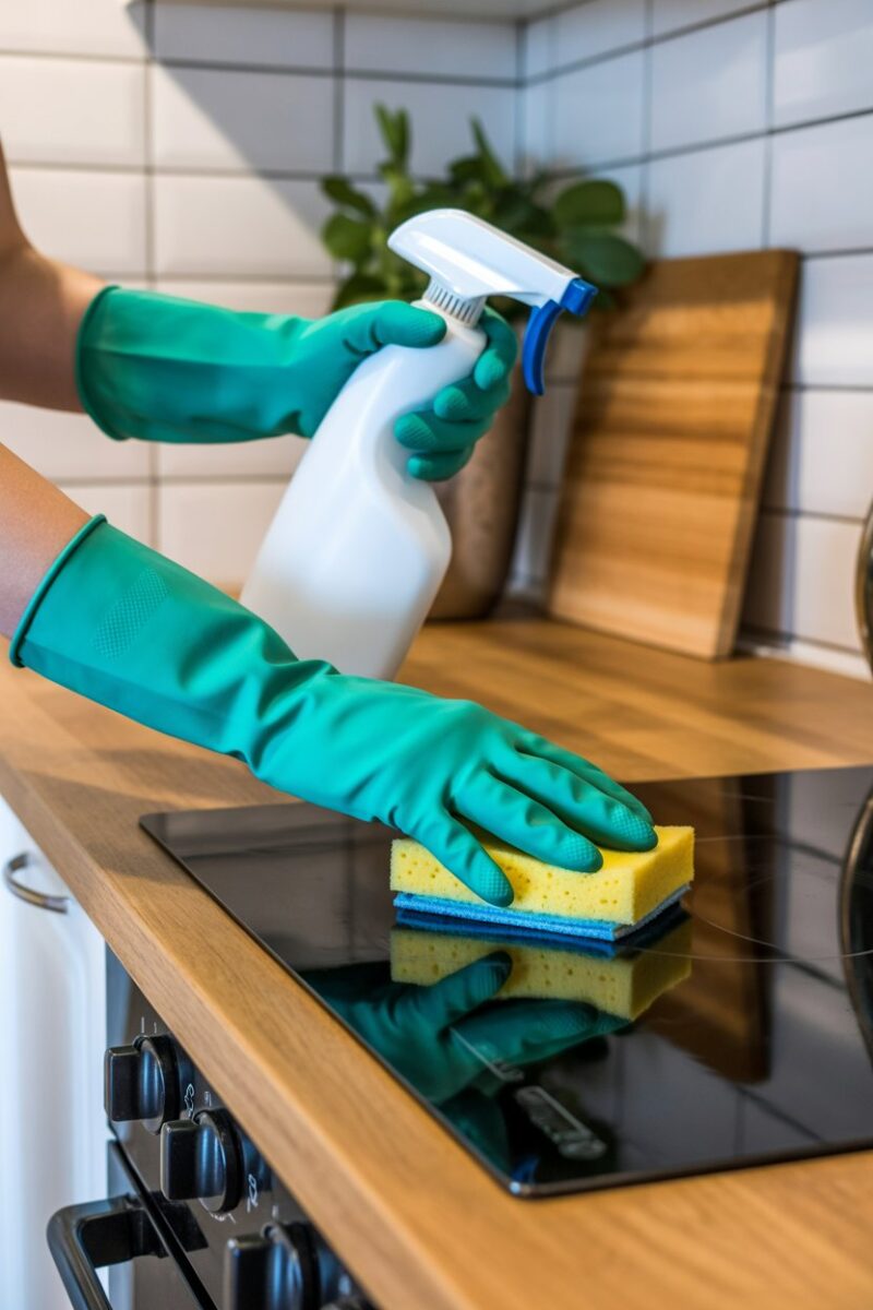 Person cleaning the stovetop with a sponge and wearing green gloves.