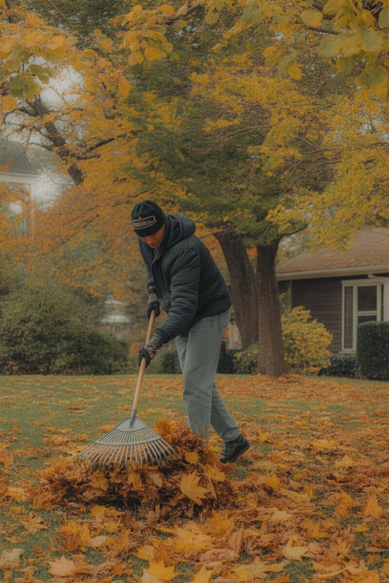 Person raking leaves in a colorful autumn yard.