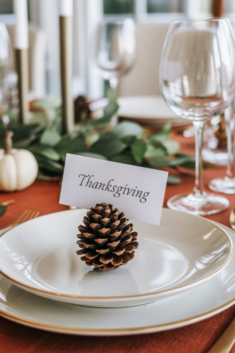 Pinecone place card holders on a Thanksgiving table setting