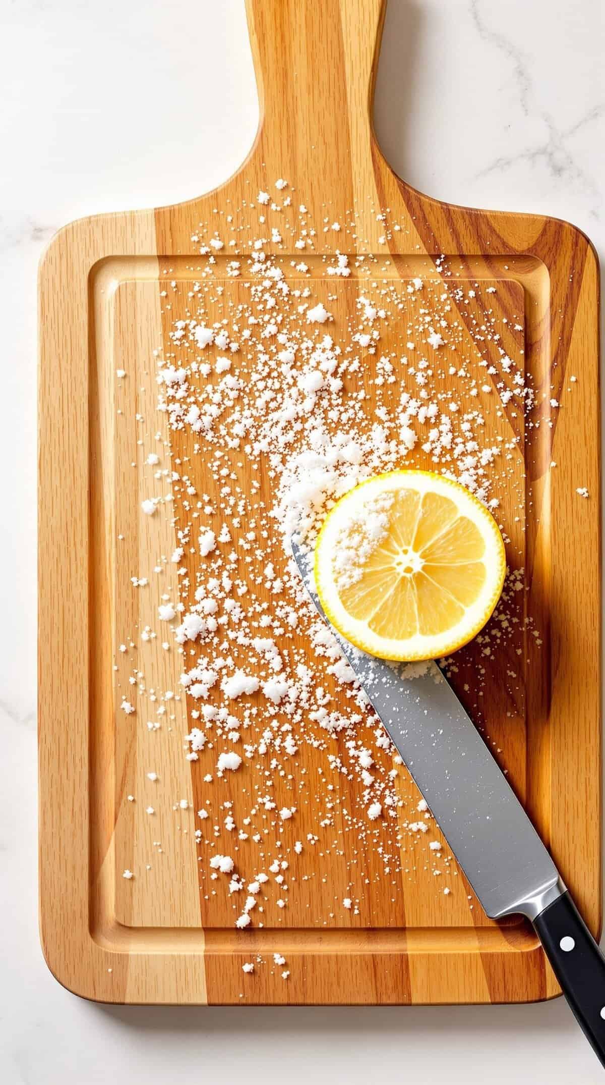 A wooden cutting board with salt and a lemon half on it, ready for cleaning.
