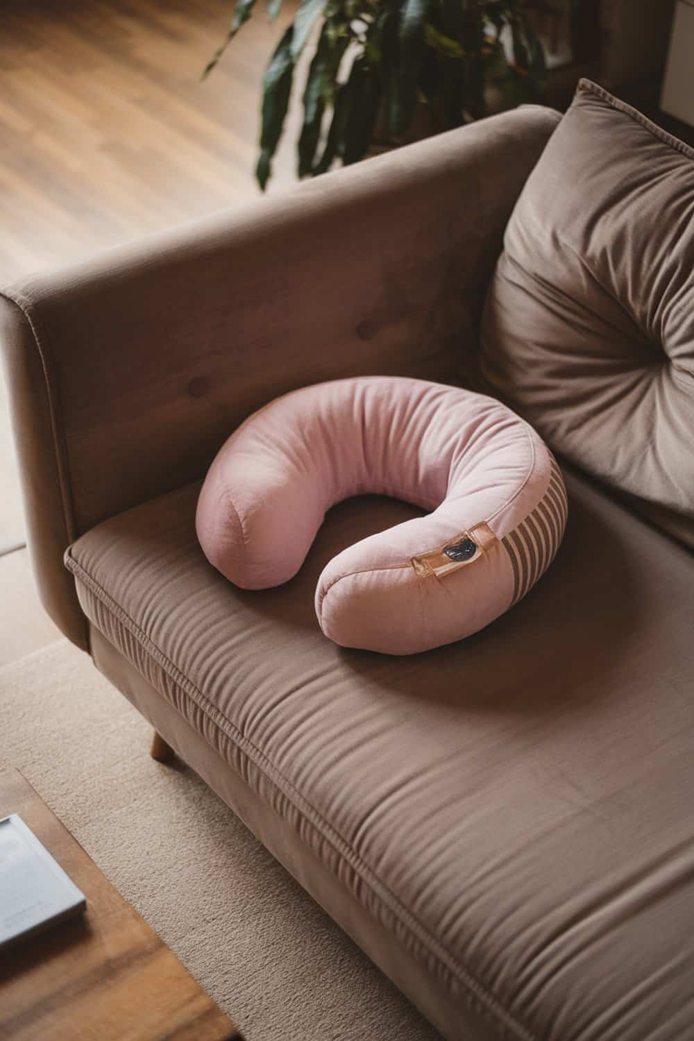 A pink aromatherapy neck pillow on a brown couch.