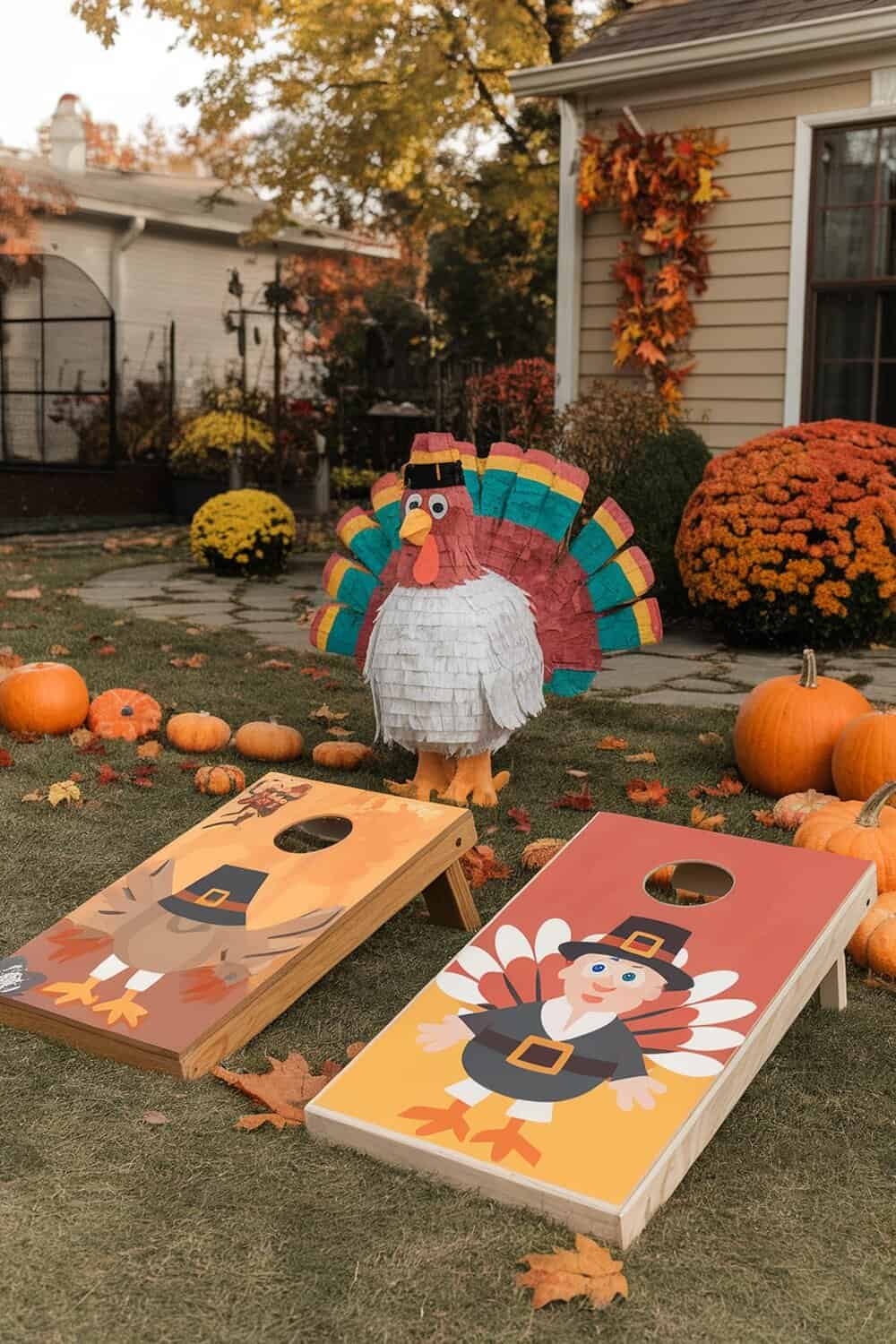 Thanksgiving-themed yard games with cornhole boards and a turkey piñata in a decorated yard.