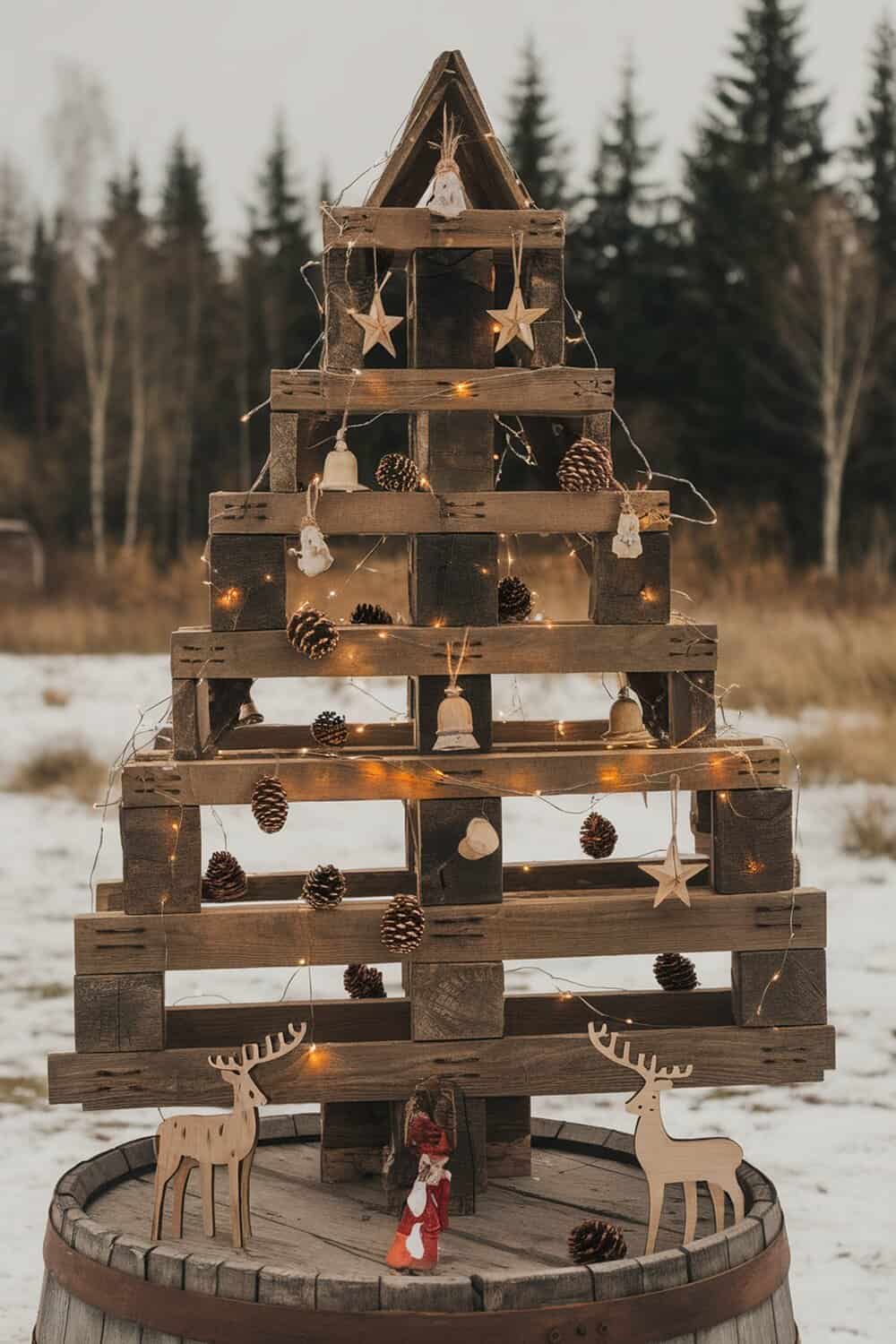 A DIY Christmas tree made from wooden pallets, decorated with lights, pinecones, and wooden ornaments.