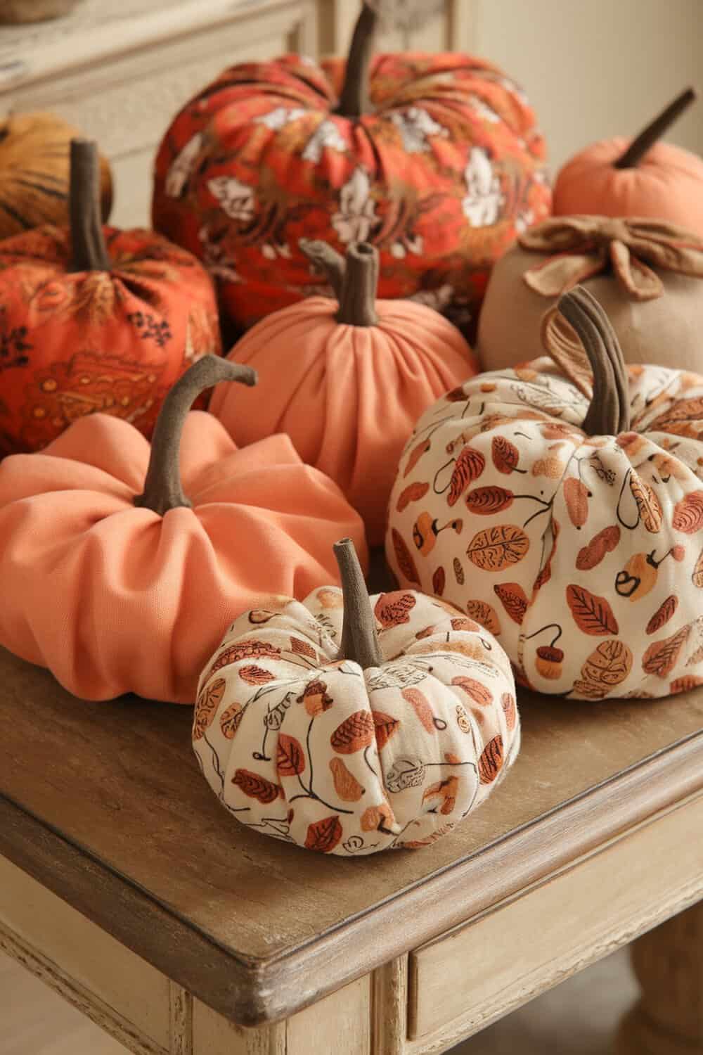 A collection of DIY fabric pumpkins in various colors and patterns.