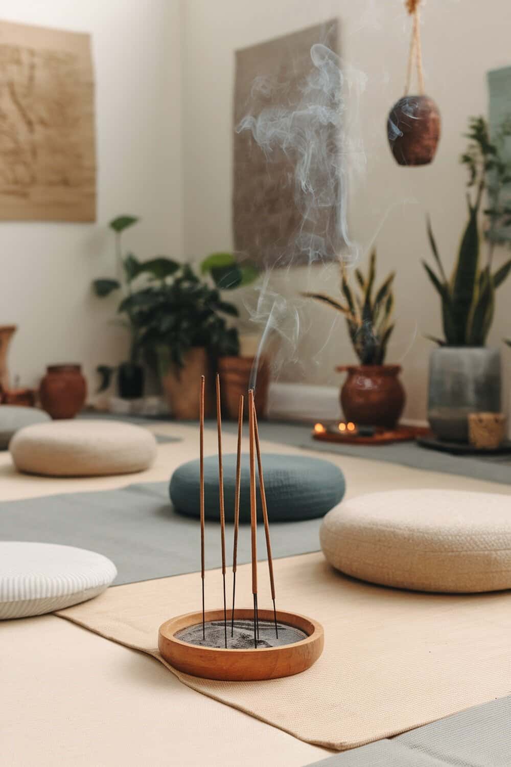 A set of natural incense sticks burning in a cozy room with plants and cushions.
