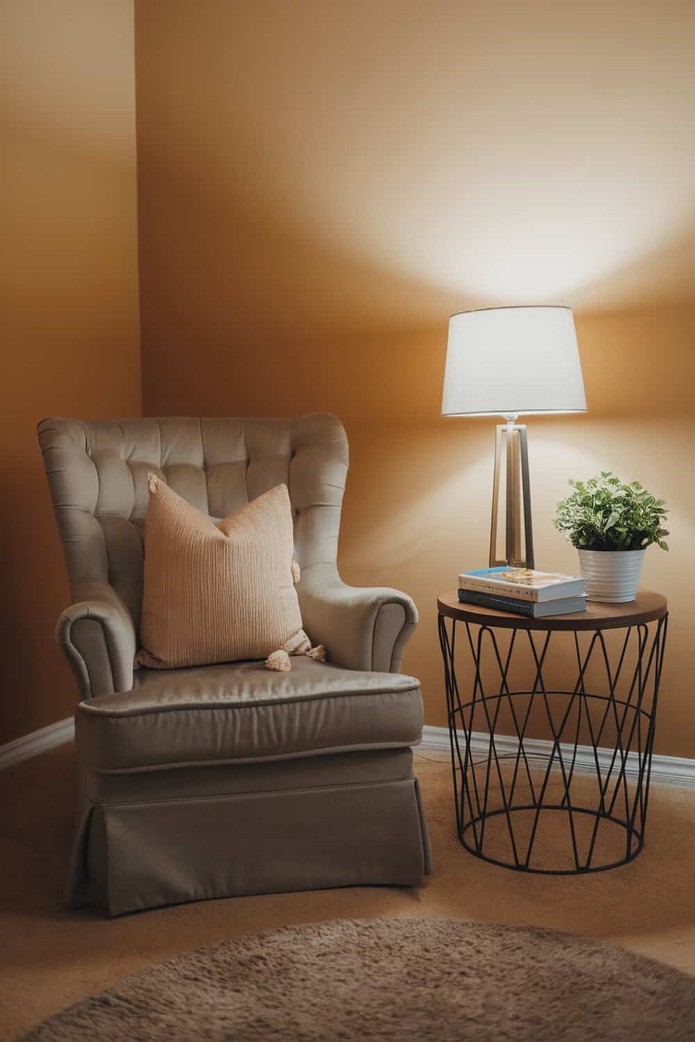 A cozy chair with a pillow and a lamp beside a small table with books and a plant.