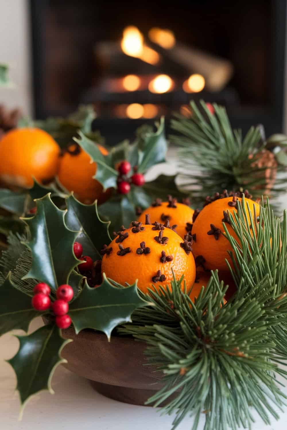 Scented orange clove decorations with oranges, cloves, and greenery.
