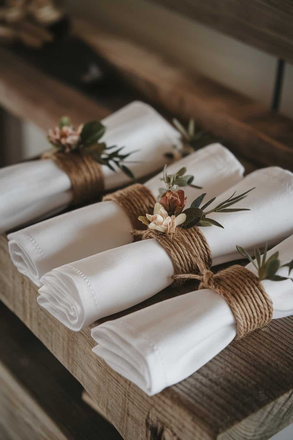DIY Thanksgiving napkin rings with twine and flowers