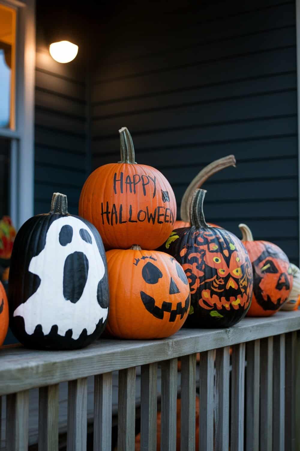A collection of painted pumpkins with various designs, including a ghost and a jack-o'-lantern, displayed on a wooden railing.