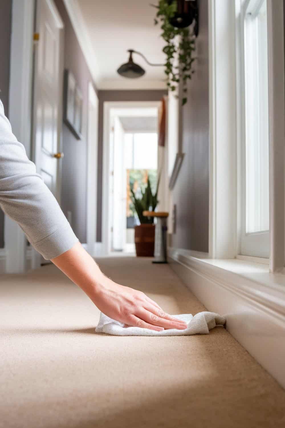 A person wiping down baseboards with a cloth in a hallway.
