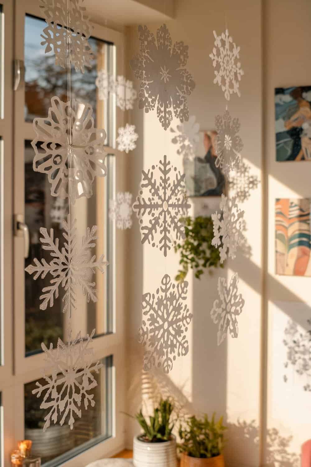 Paper snowflakes hanging in a bright room by a window.