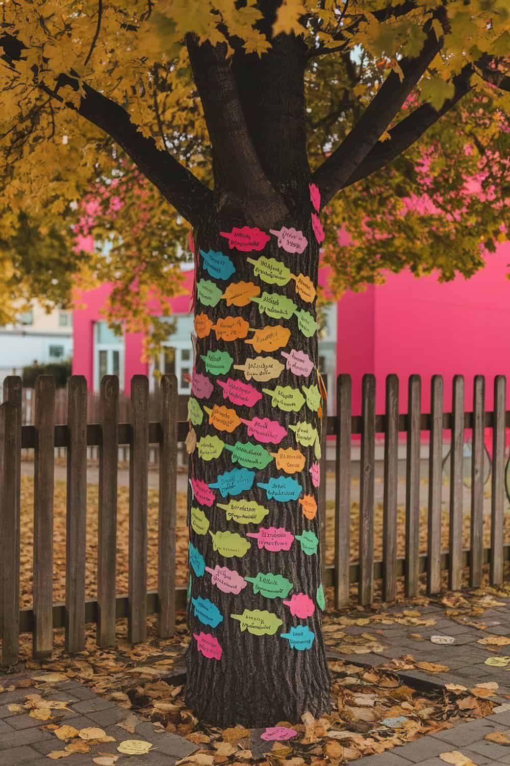 A tree decorated with colorful paper leaves expressing gratitude.