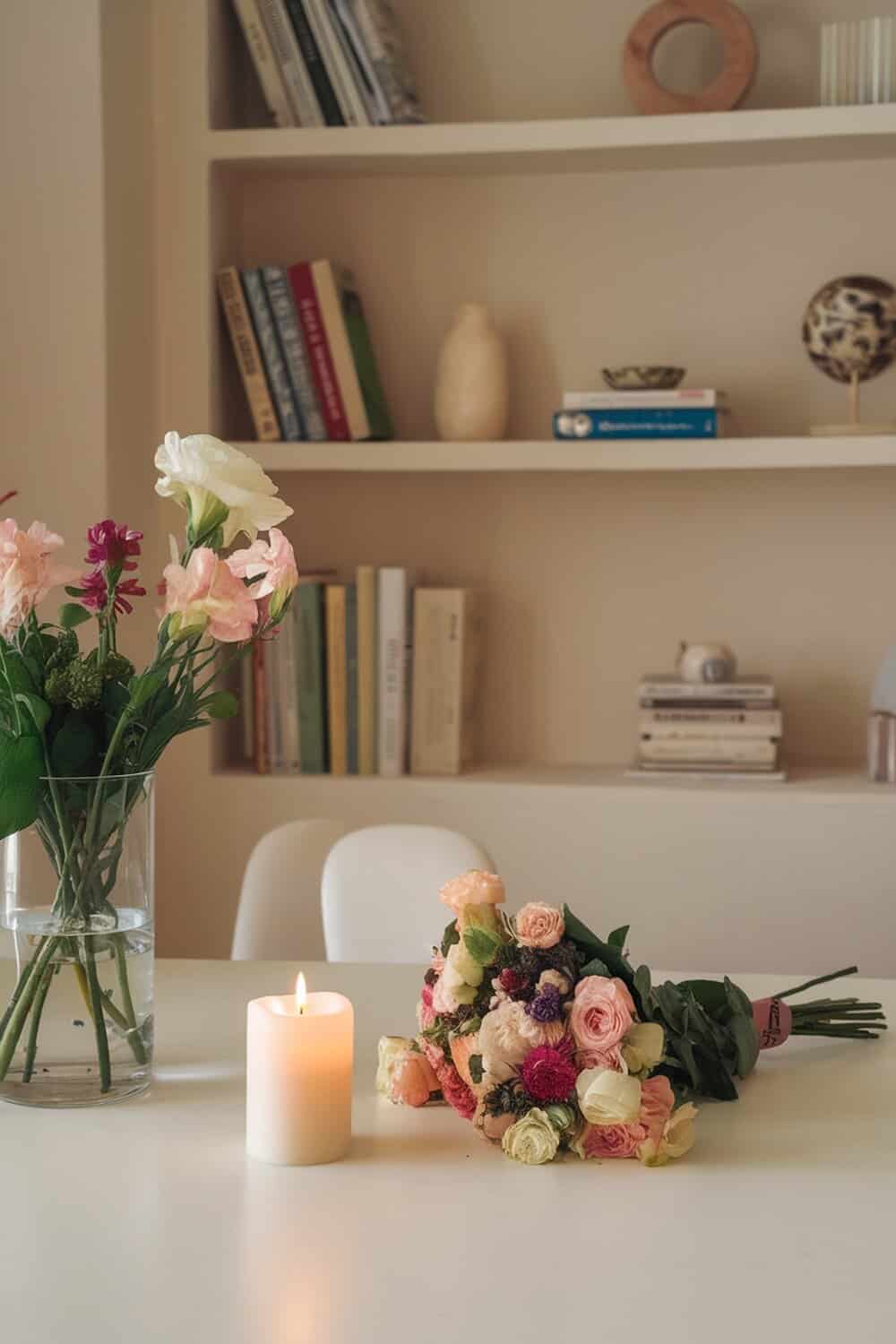 A cozy table setting with flowers and a candle.