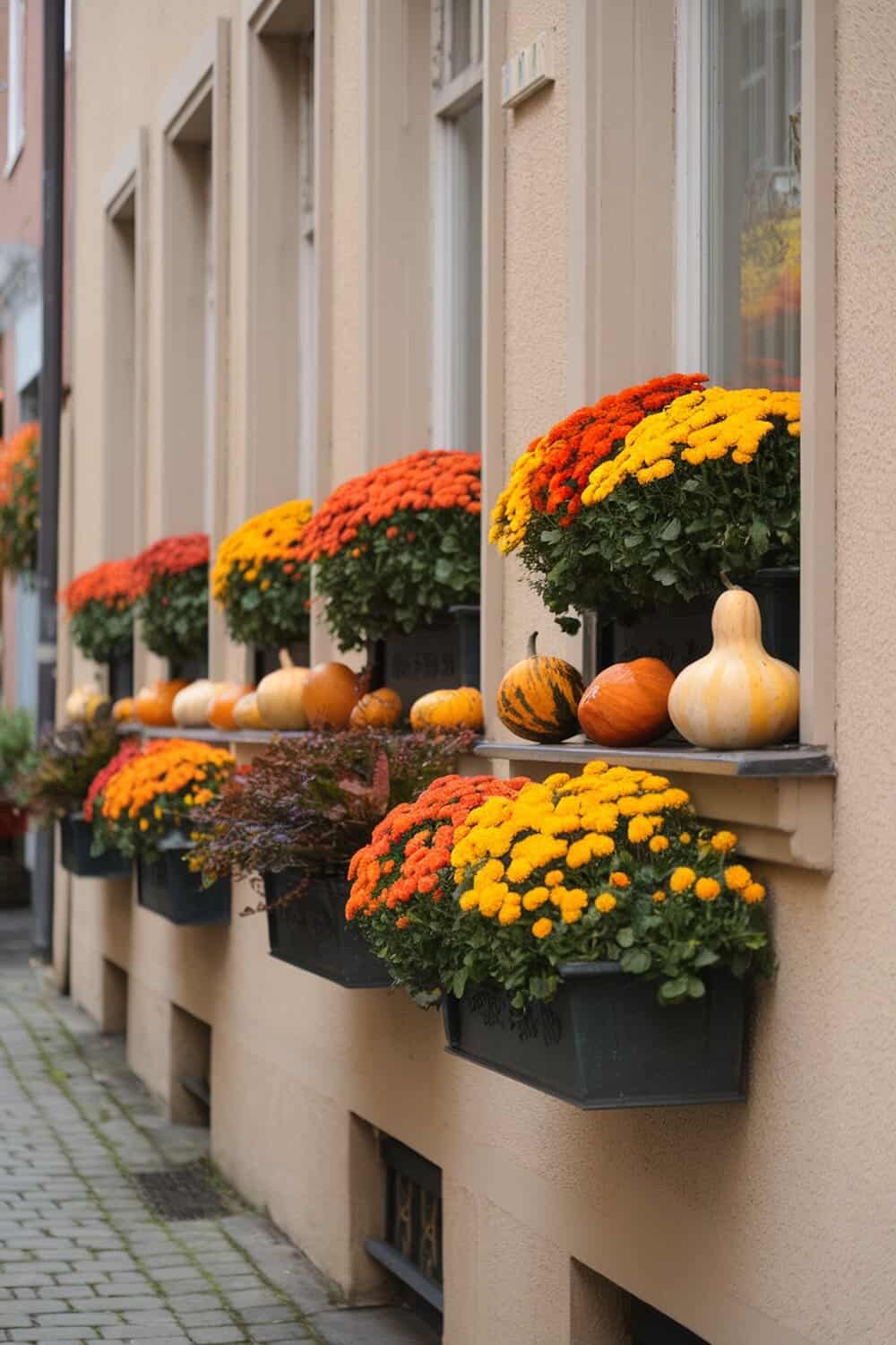 Colorful window boxes filled with orange and yellow mums and small pumpkins.