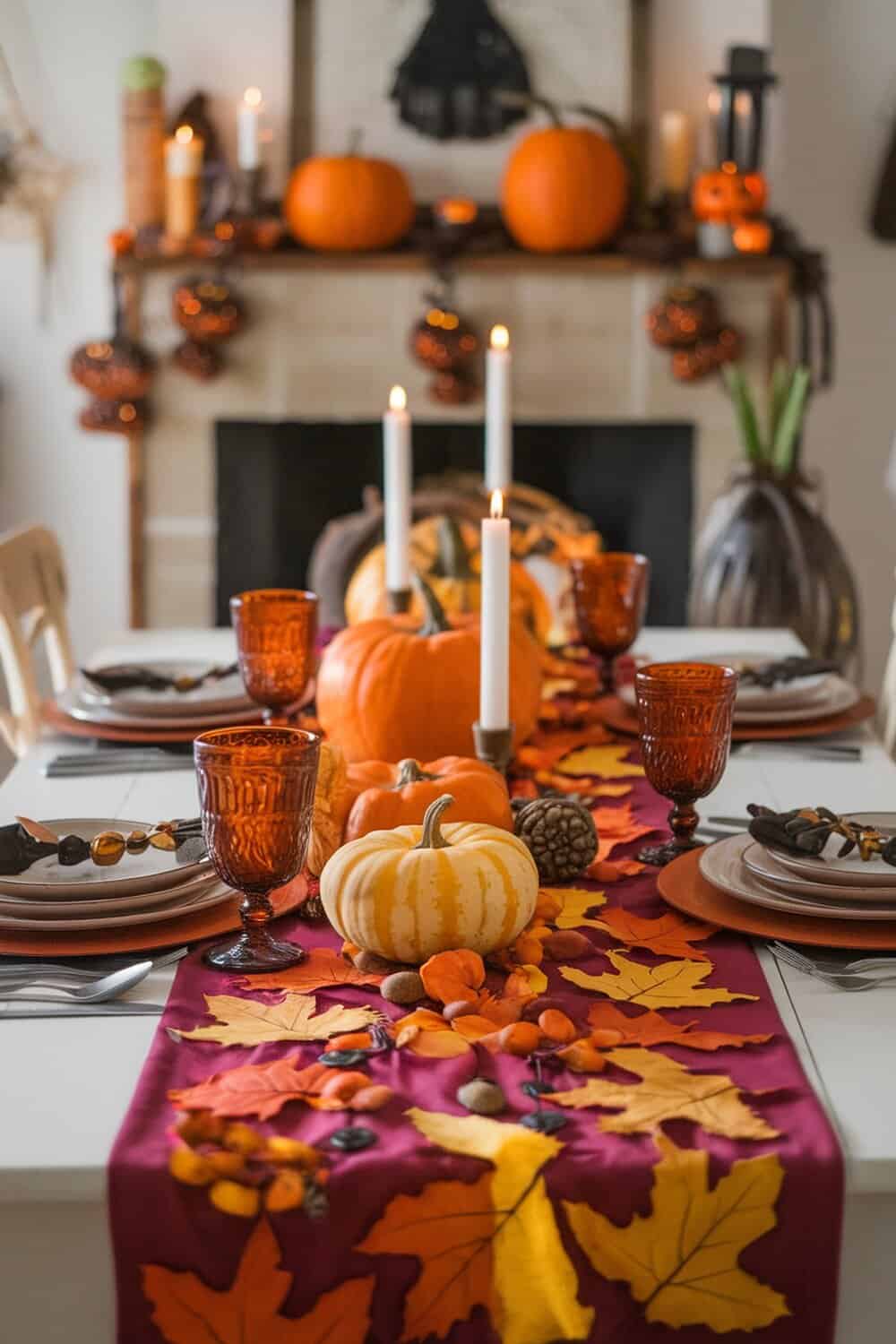 A beautifully set Thanksgiving table featuring a fall-themed table runner with pumpkins and autumn leaves.