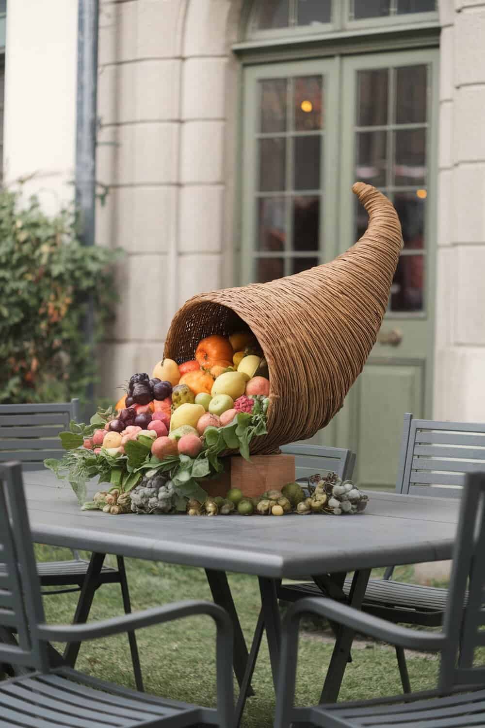 A woven cornucopia filled with various fruits and vegetables on a table.
