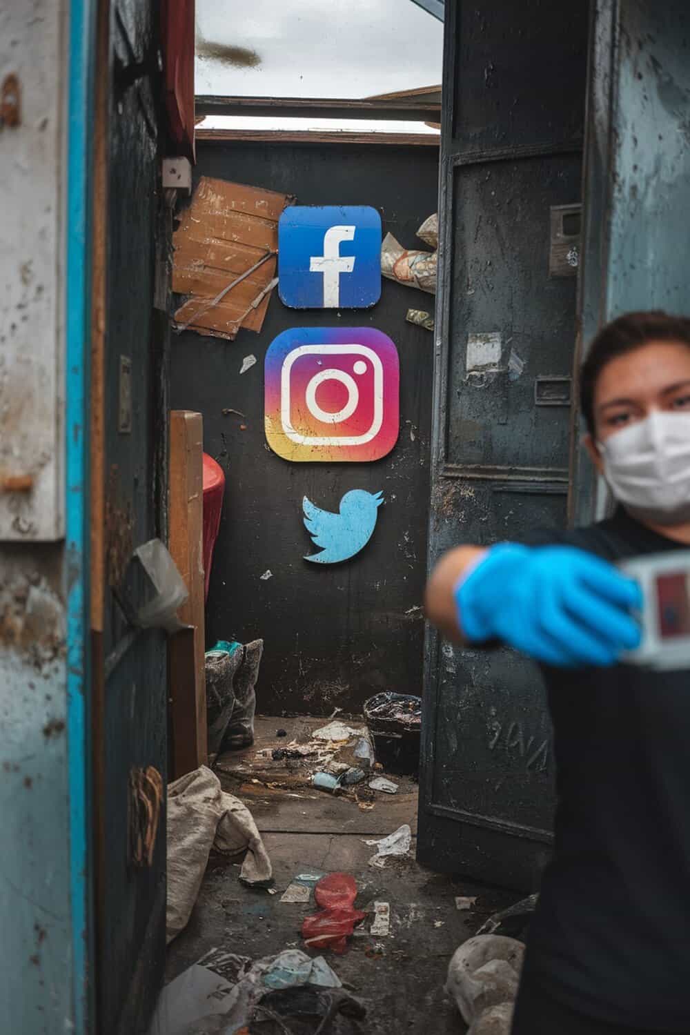 A person taking a selfie in front of social media logos on a wall, with a messy background.