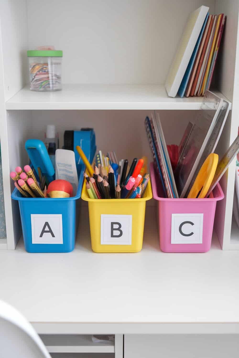 Color-coded bins labeled A, B, and C filled with school supplies.