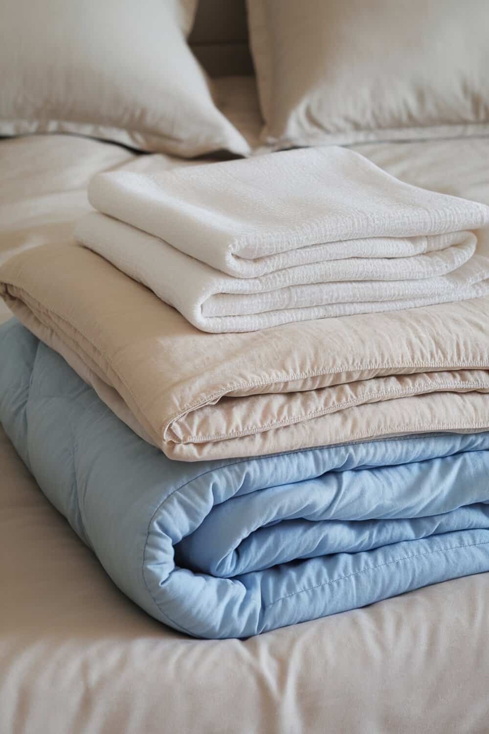 Stack of freshly laundered blankets and towels on a bed.