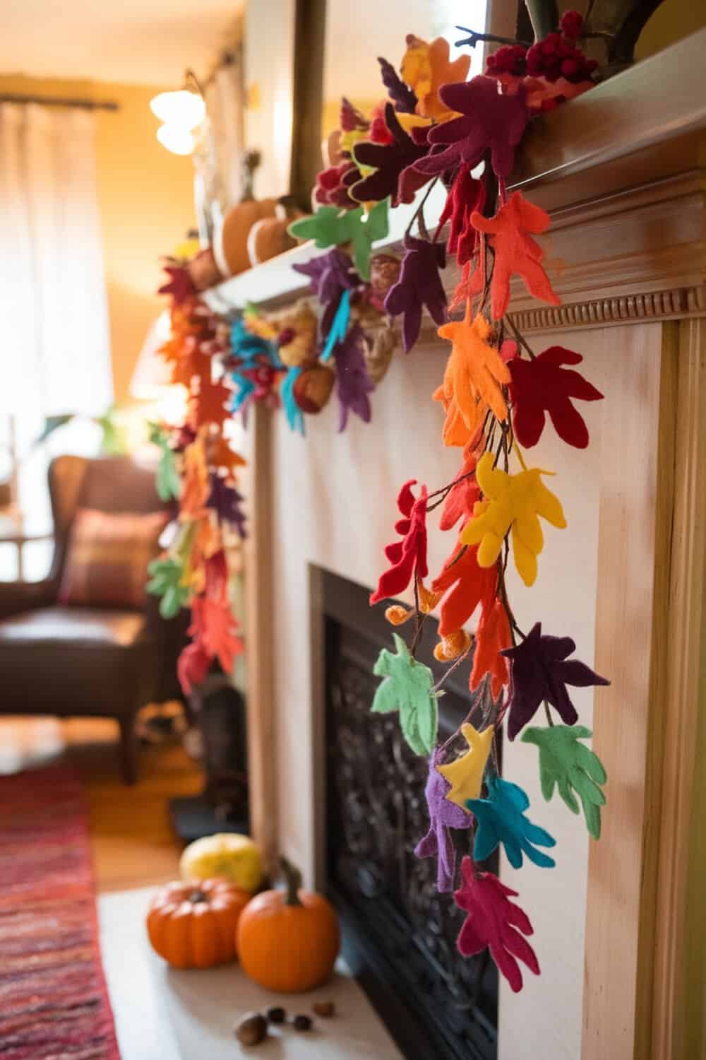 Colorful felt leaf garlands hanging over a mantel with pumpkins and cozy decor.