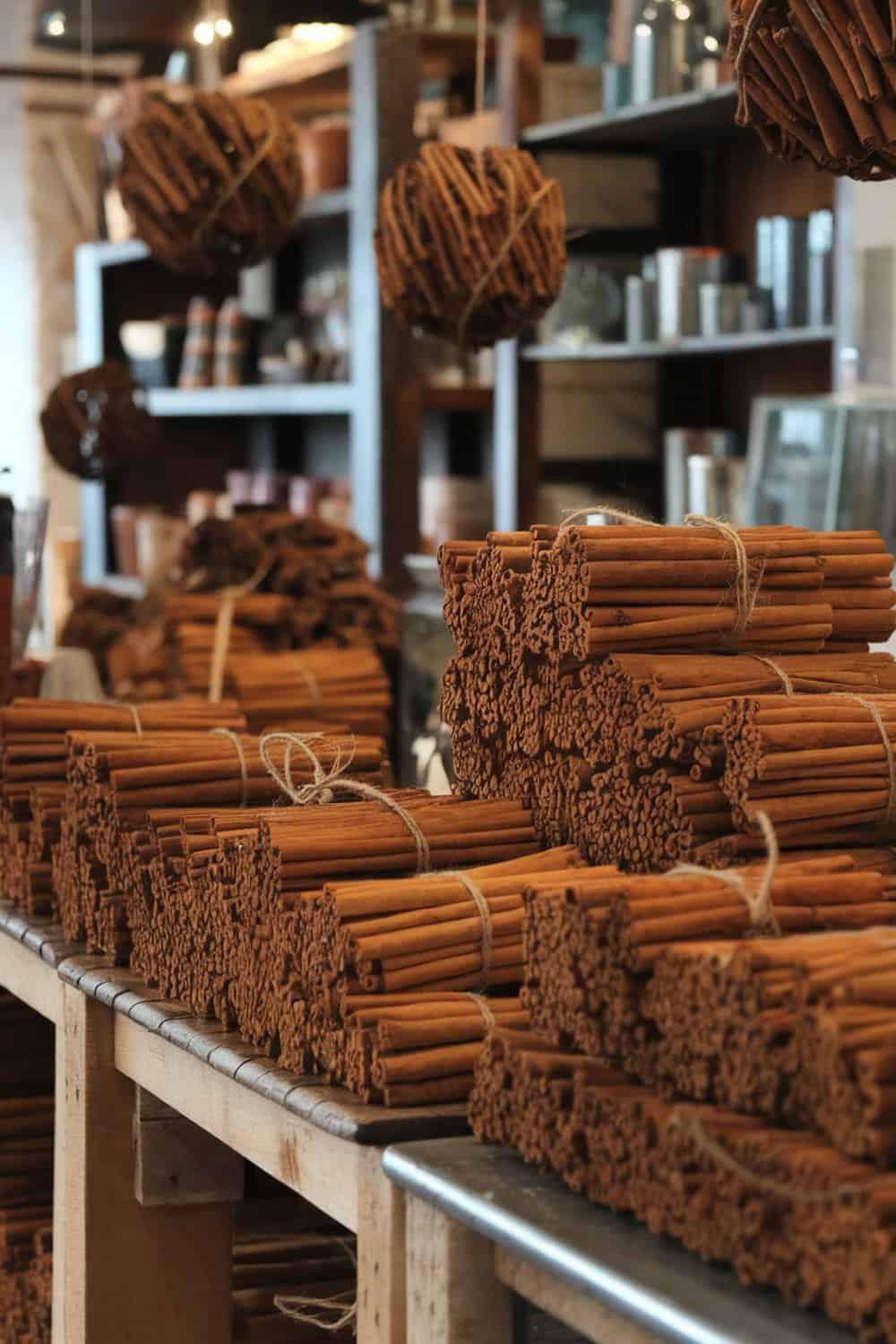 Bundles of cinnamon sticks tied with twine on a wooden table.
