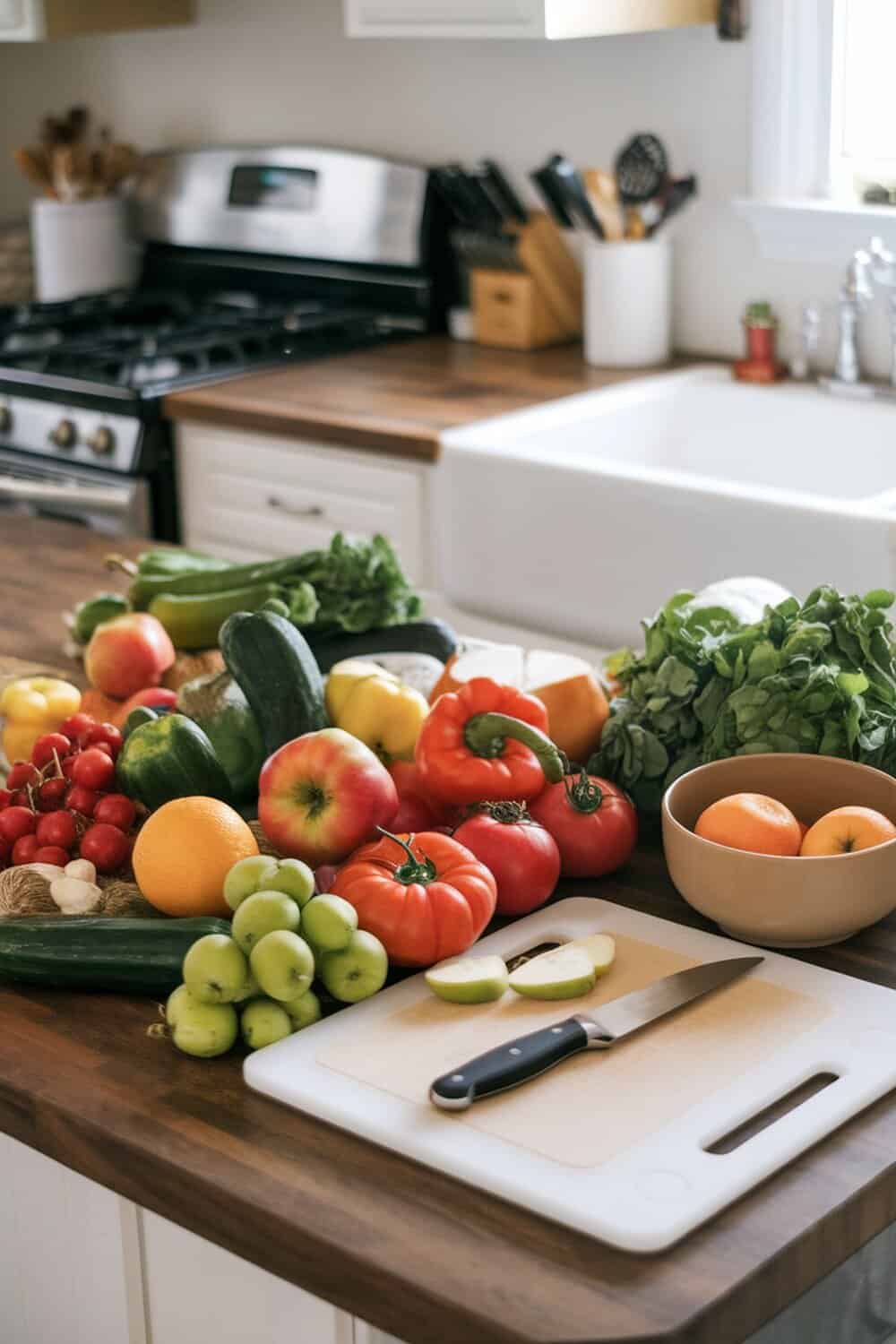 A well-organized kitchen counter with fresh vegetables and a cutting board, ready for meal prep.