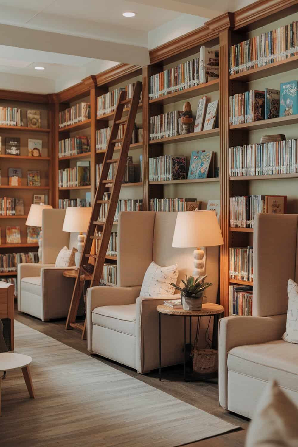 A cozy family library with bookshelves filled with various books, comfortable chairs, and a ladder for reaching higher shelves.