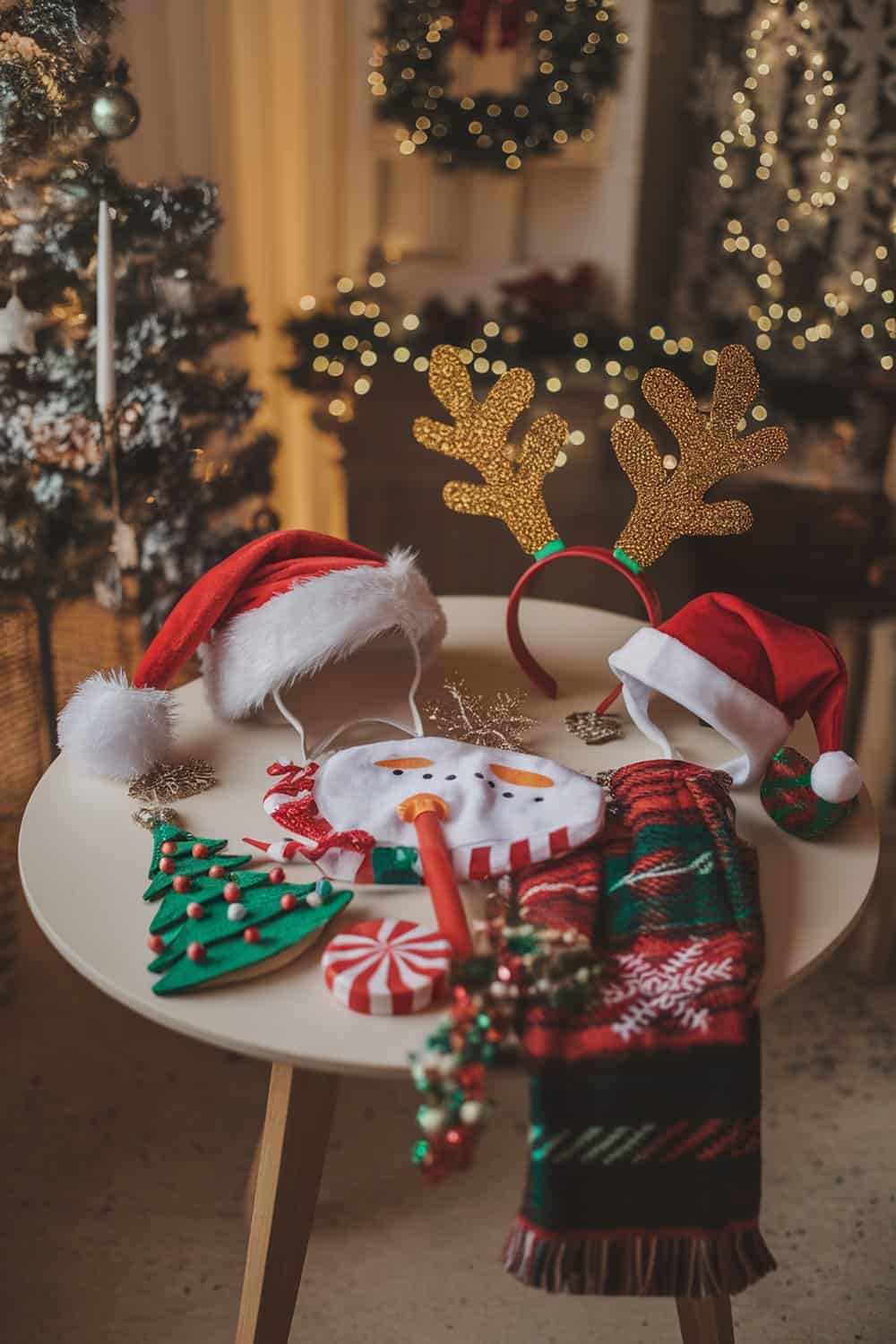A table with various DIY holiday photo booth props including Santa hats, reindeer antlers, and festive decorations.