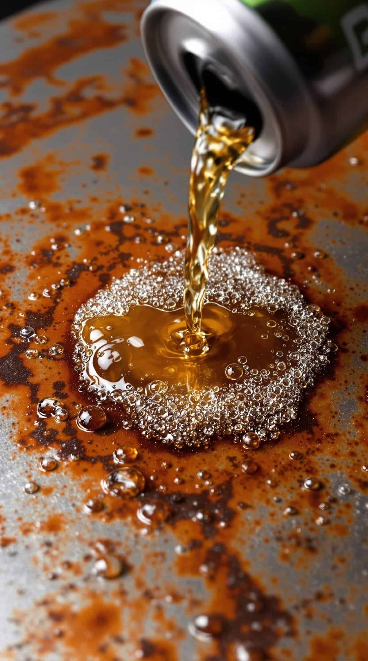 A can of soda pouring onto a rust-stained surface.