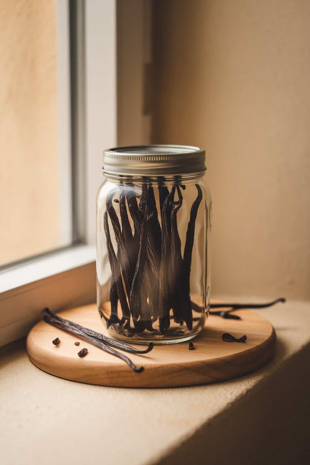 A jar filled with vanilla beans on a wooden surface by a window.
