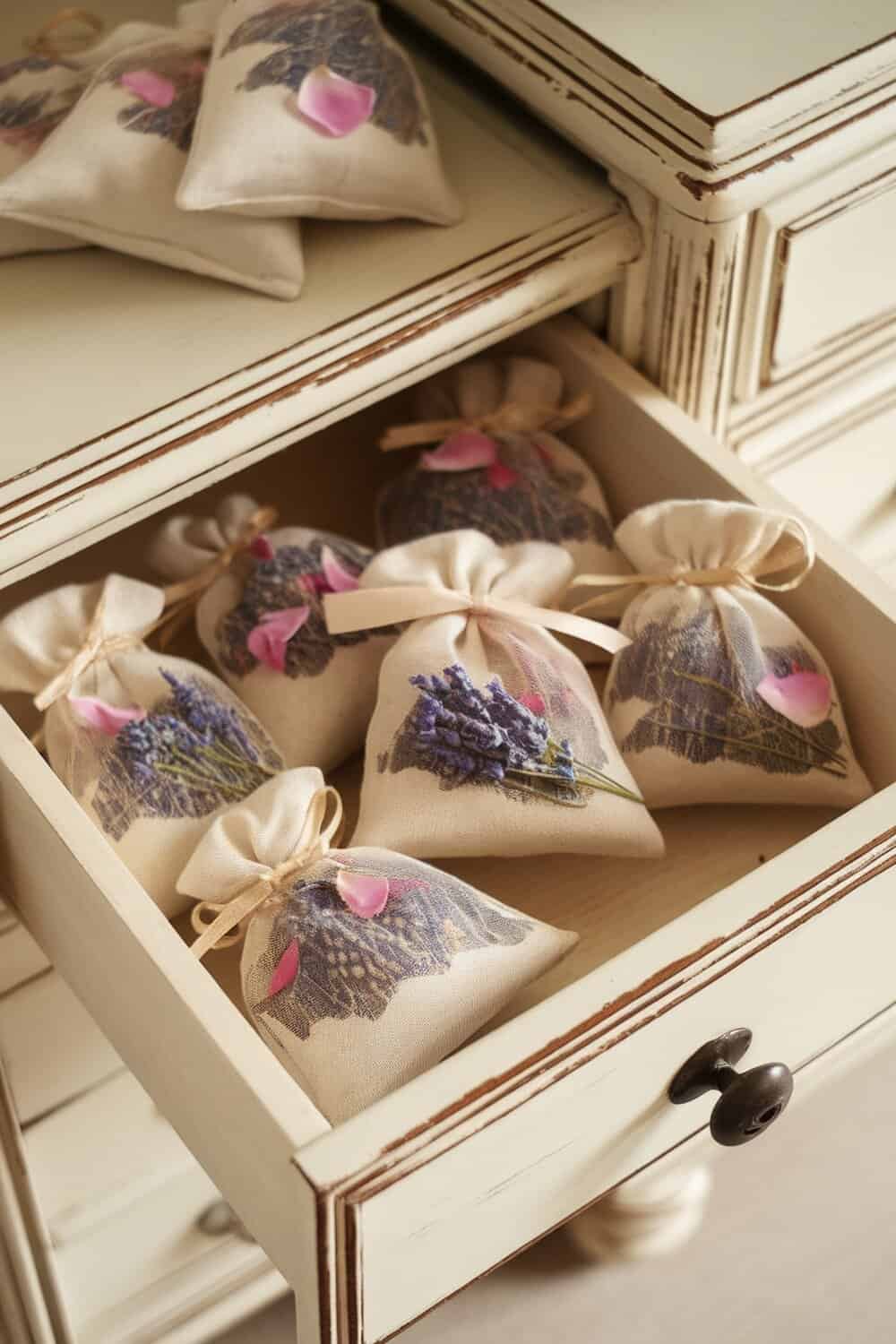 A drawer filled with small fabric bags containing lavender and rose petals.