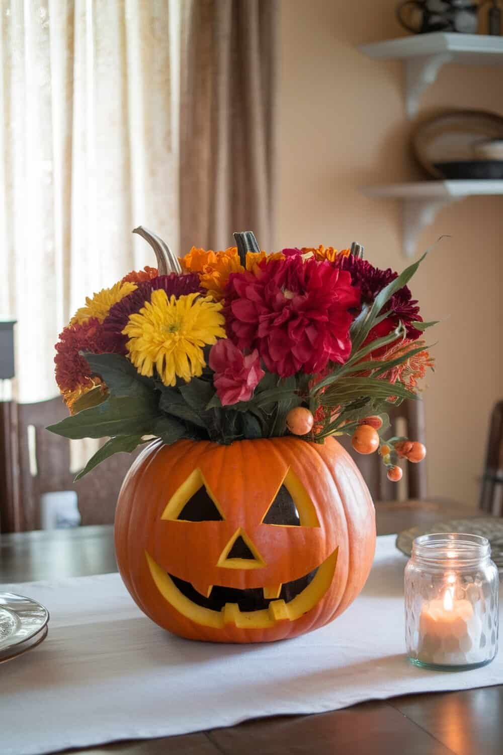 A carved pumpkin filled with colorful flowers as a vase.