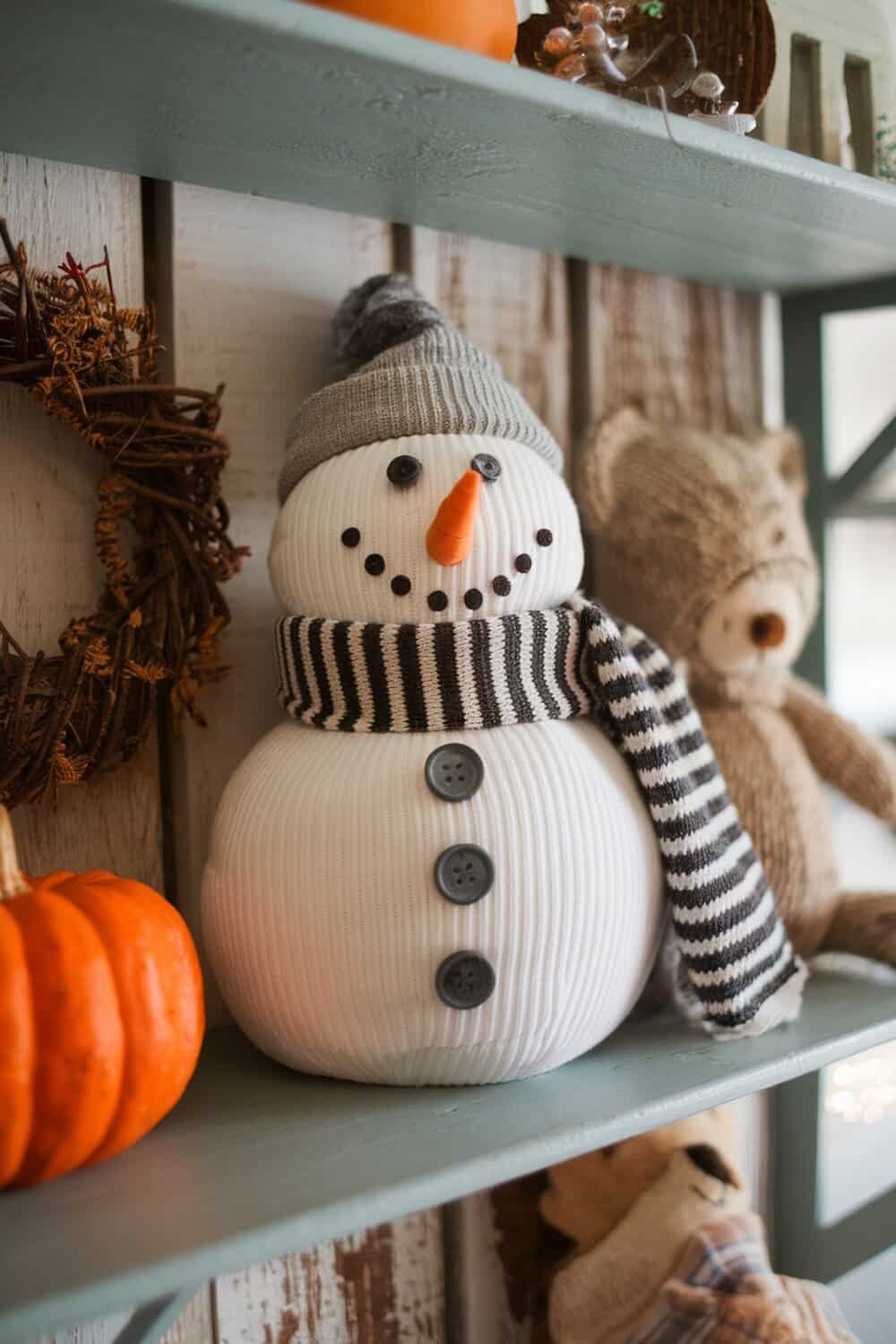 A cute snowman decoration made from old socks, featuring buttons, a scarf, and a hat.