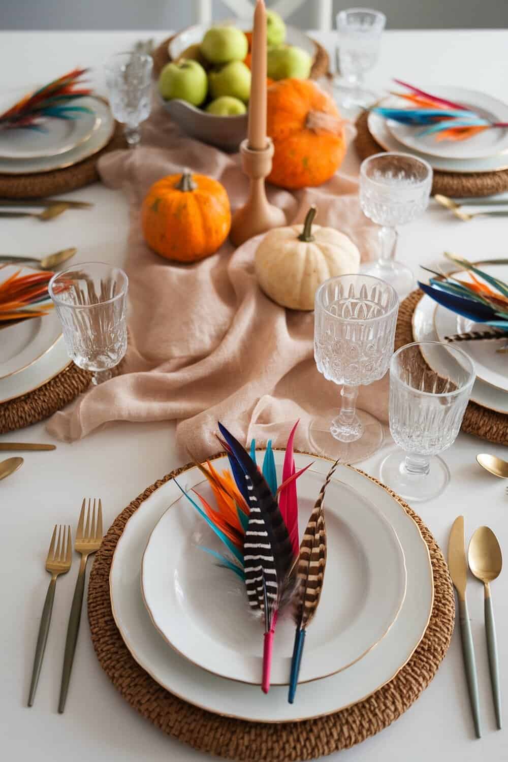 A beautifully set Thanksgiving table with colorful feather accents on plates, pumpkins, and apples as decorations.