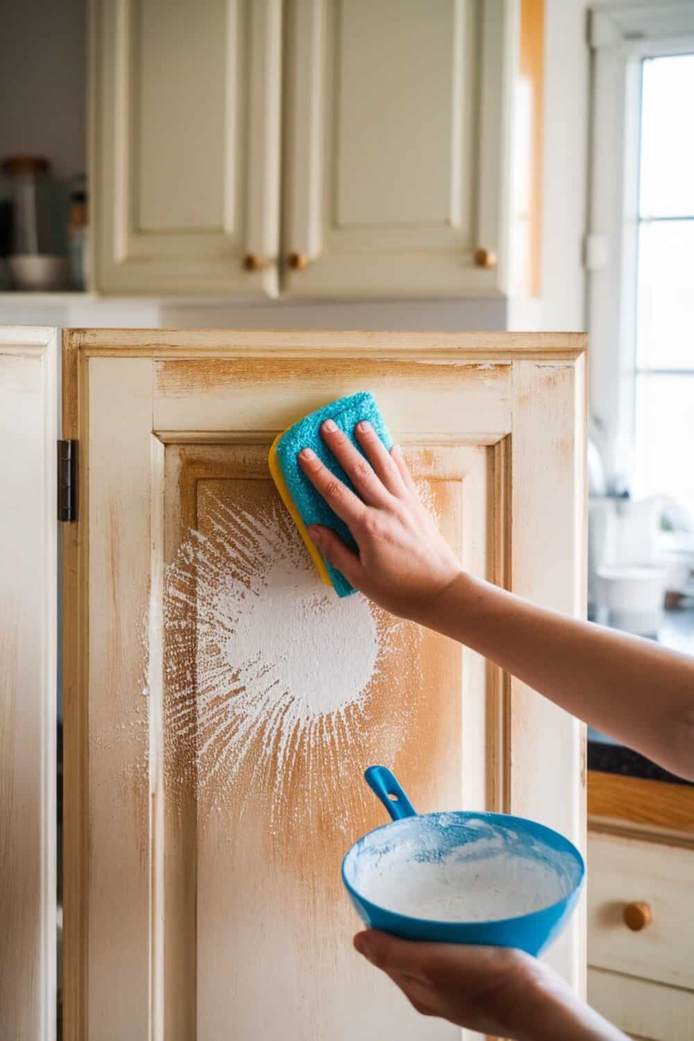 A person cleaning kitchen cupboards with a blue sponge and baking soda paste.