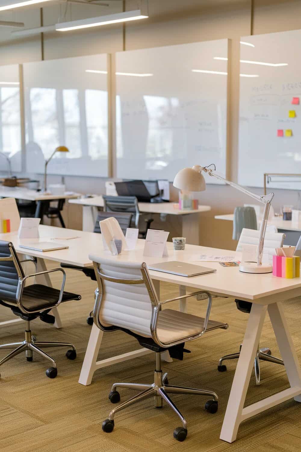 A bright and organized shared workspace with multiple desks, chairs, and whiteboards.