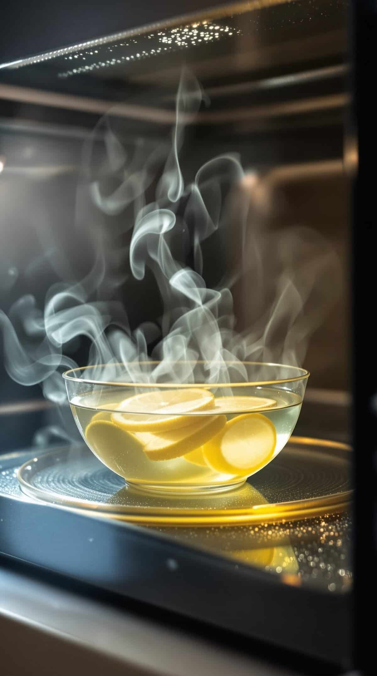 A bowl of lemon slices in water steaming in a microwave.