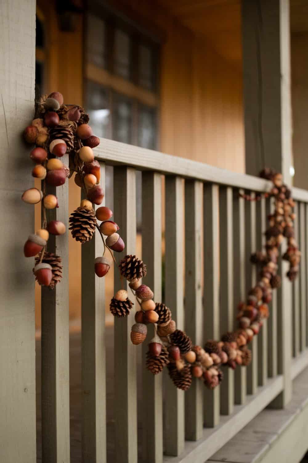 A garland made of acorns and pinecones hanging on a wooden railing.