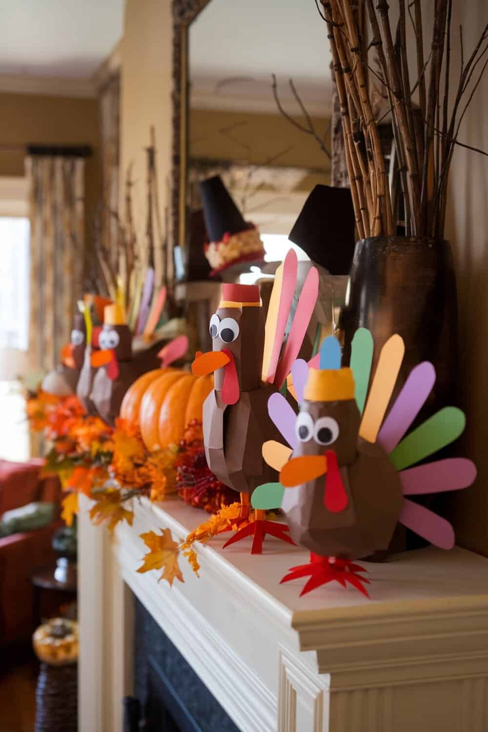 Colorful paper turkeys with googly eyes on a mantel decorated for Thanksgiving.