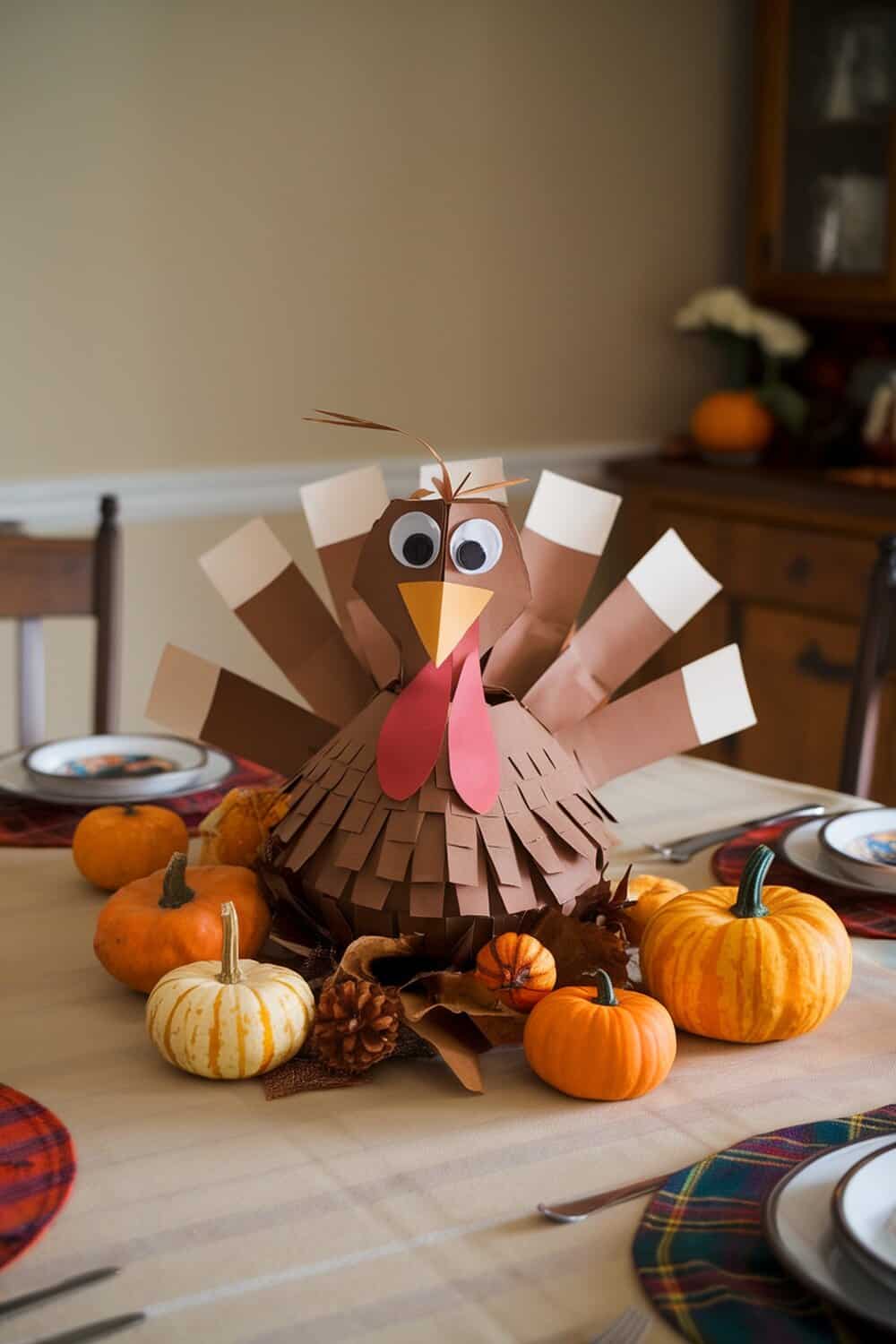 A DIY turkey centerpiece made of paper, surrounded by small pumpkins on a Thanksgiving table.