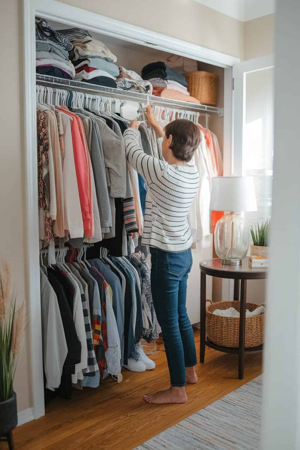 A person sorting through clothes in a closet.