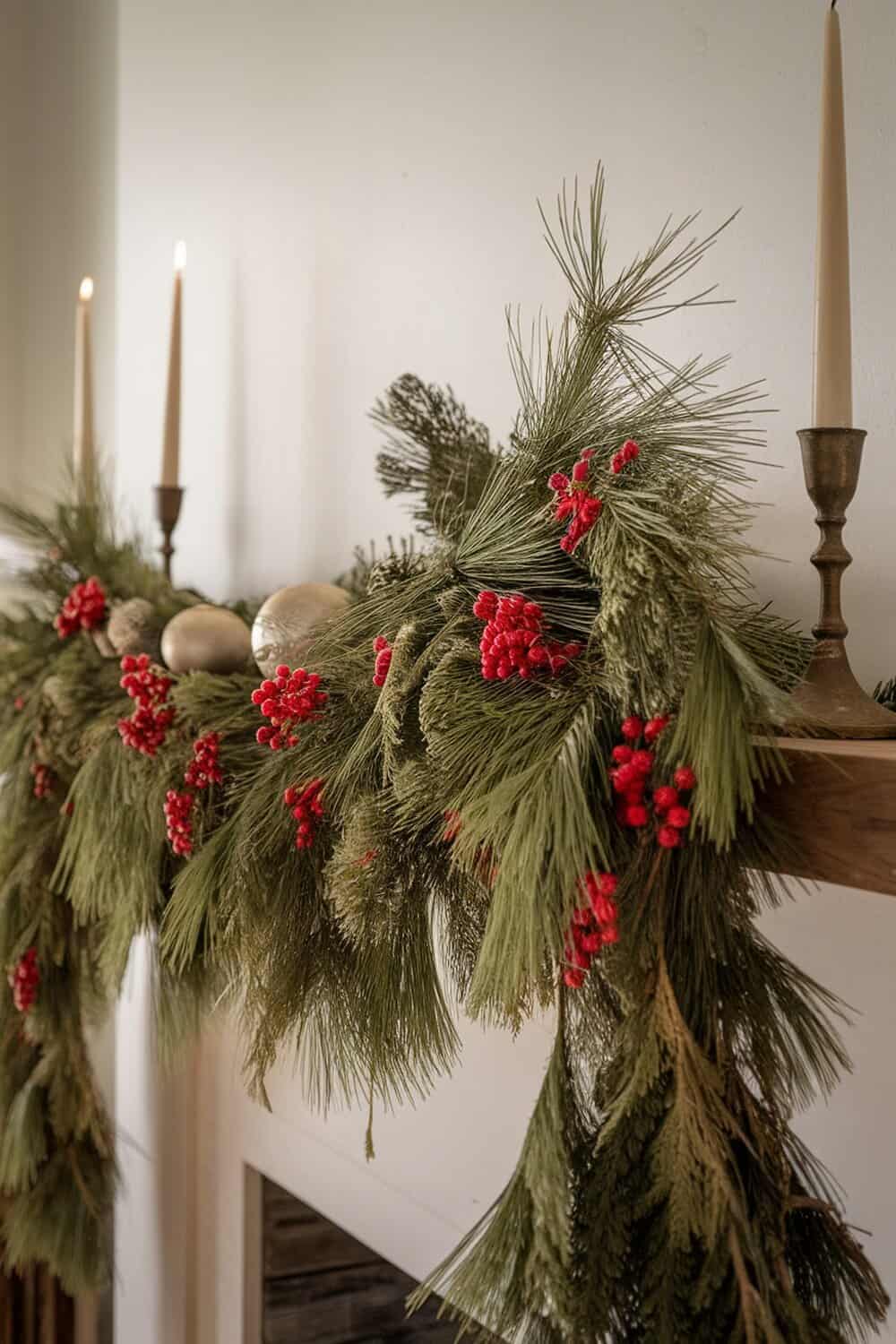 A beautiful garland made of pine needles and red berries, draped elegantly over a mantel.