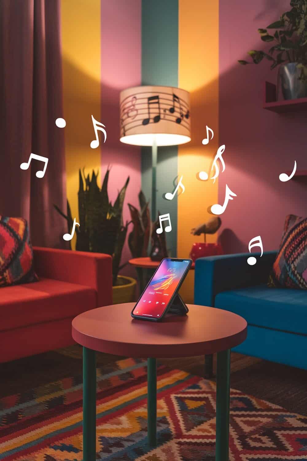 A phone on a table with music notes around it, suggesting a cleaning playlist.