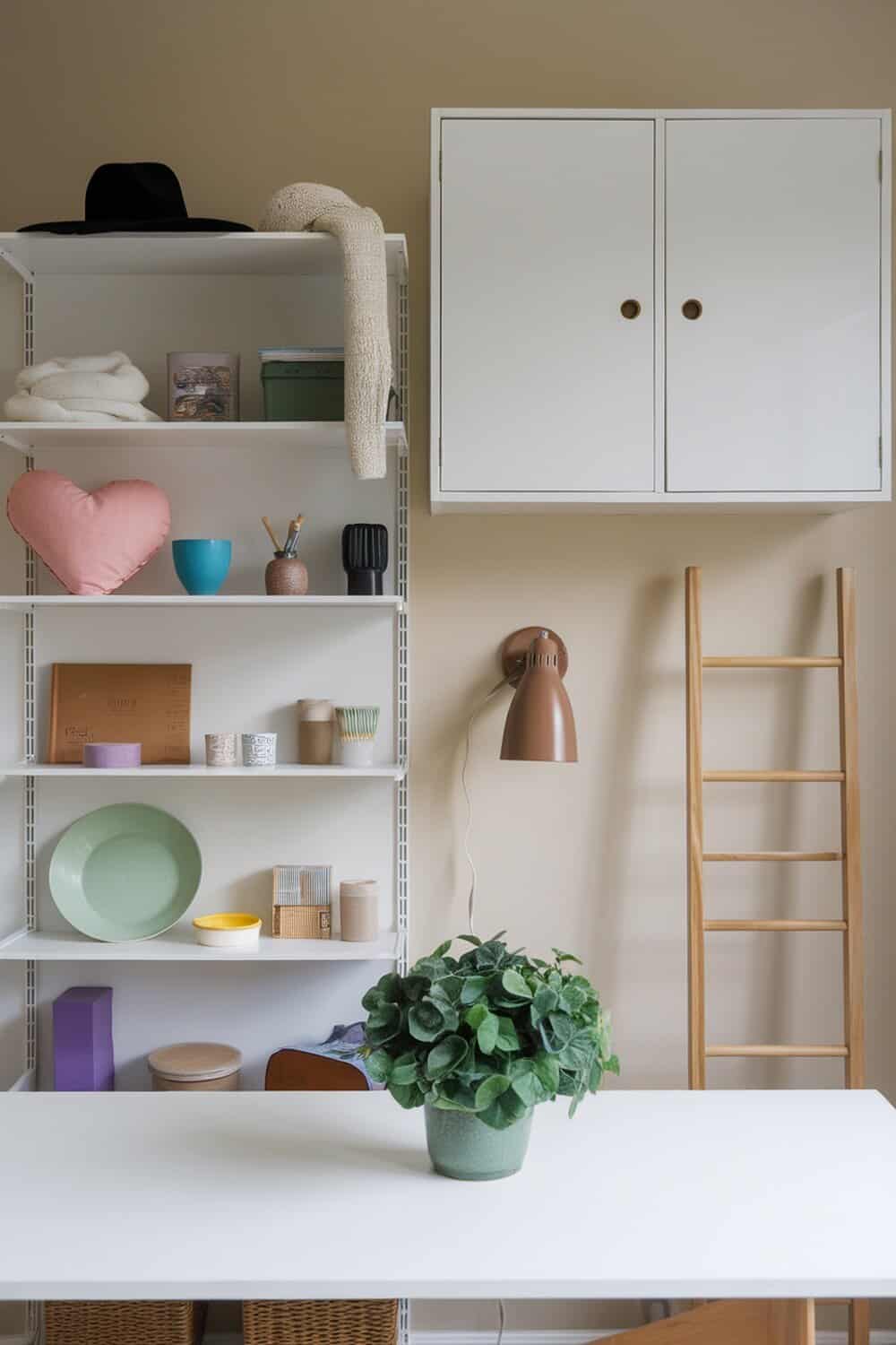 A well-organized craft corner with shelves, a table, and decorative items.